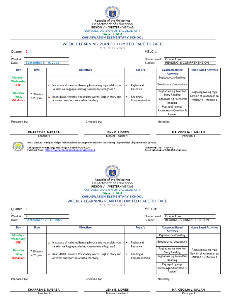 Weekly Learning Plan: Grade 5 Reading | PDF | Reading (Process ...