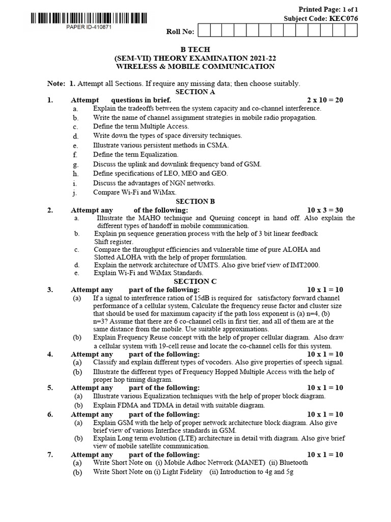 Wireless & Mobile Communication Exam Guide | PDF | Cellular Network | Radio