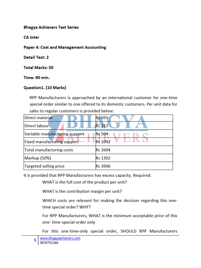 CA Inter Cost Accounting Test Series | PDF | Financial Accounting | Expense