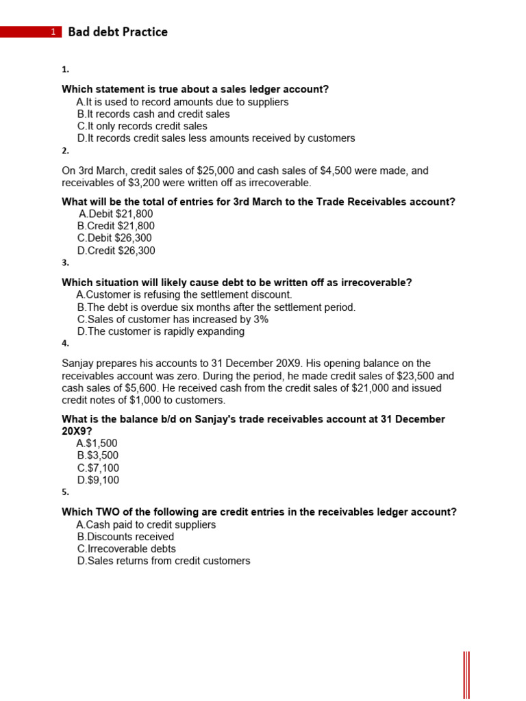 Bad Debt Accounting Practice Questions | PDF | Debits And Credits ...