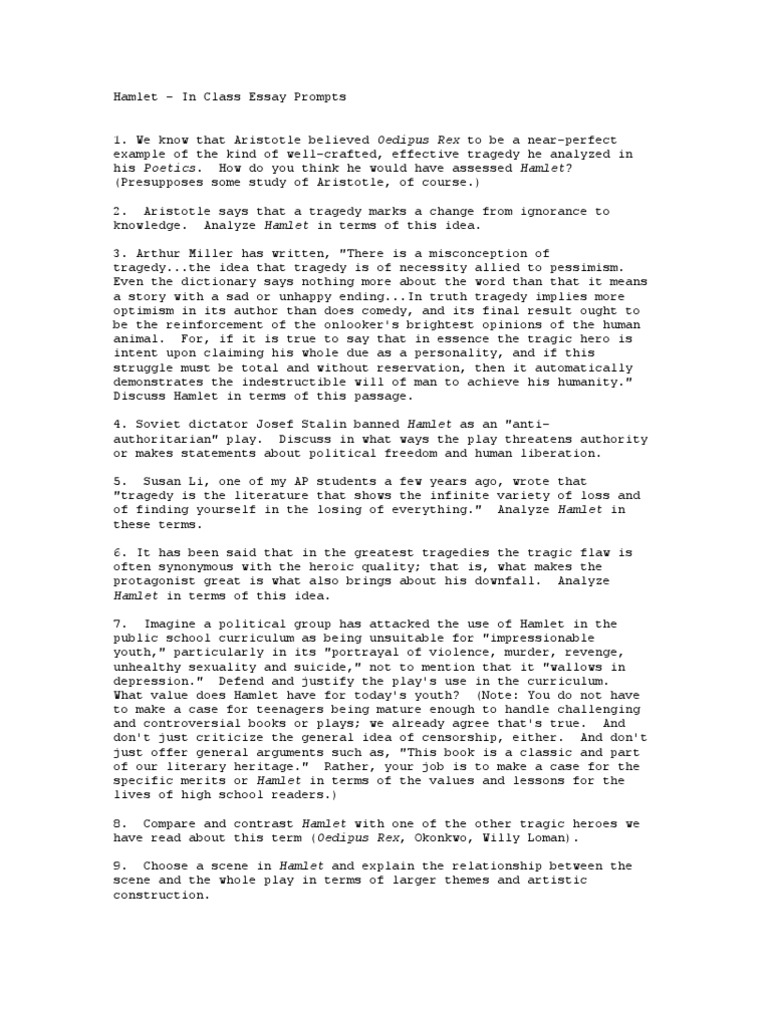 Hamlet in Class Essay Prompts PDF Tragedy Hamlet