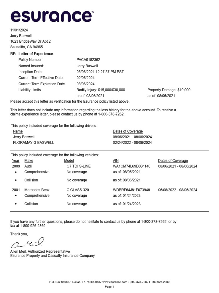 Esurance Policy Verification Letter | PDF