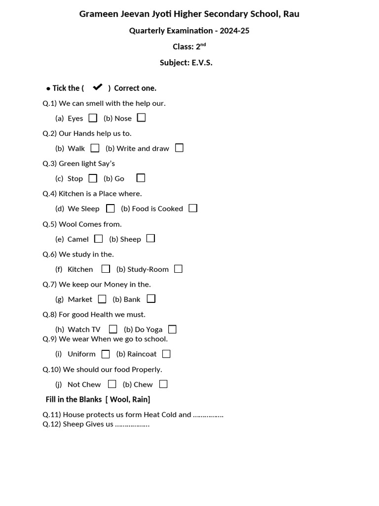 Class 2 E.V.S. Quarterly Exam 2024-25 | PDF | Language Arts & Discipline