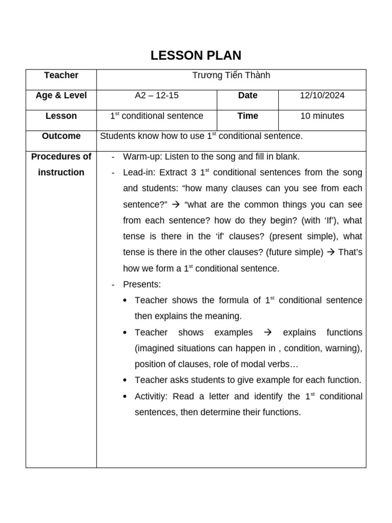 A2 Lesson Plan: 1st Conditional Sentences | PDF