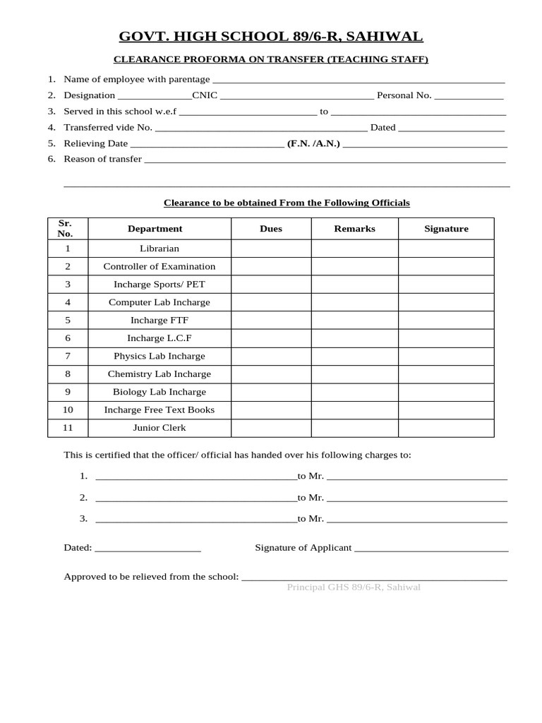 Transfer Clearance Form for Staff | PDF