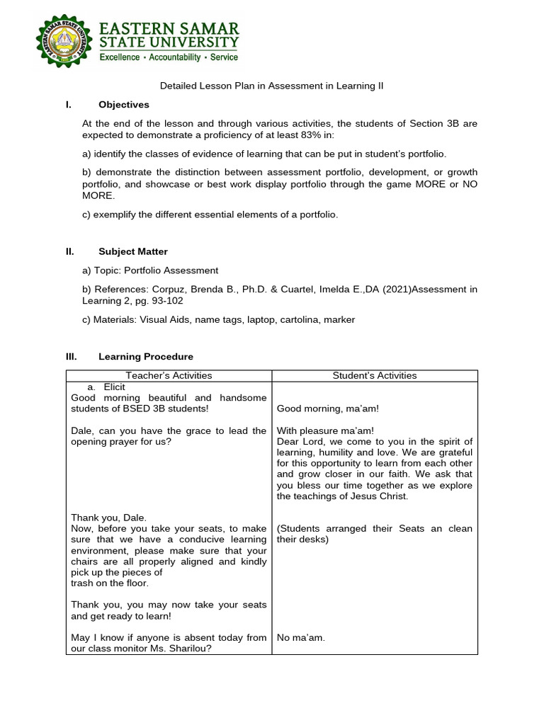 Portfolio Assessment Lesson Plan | PDF | Educational Assessment | Learning