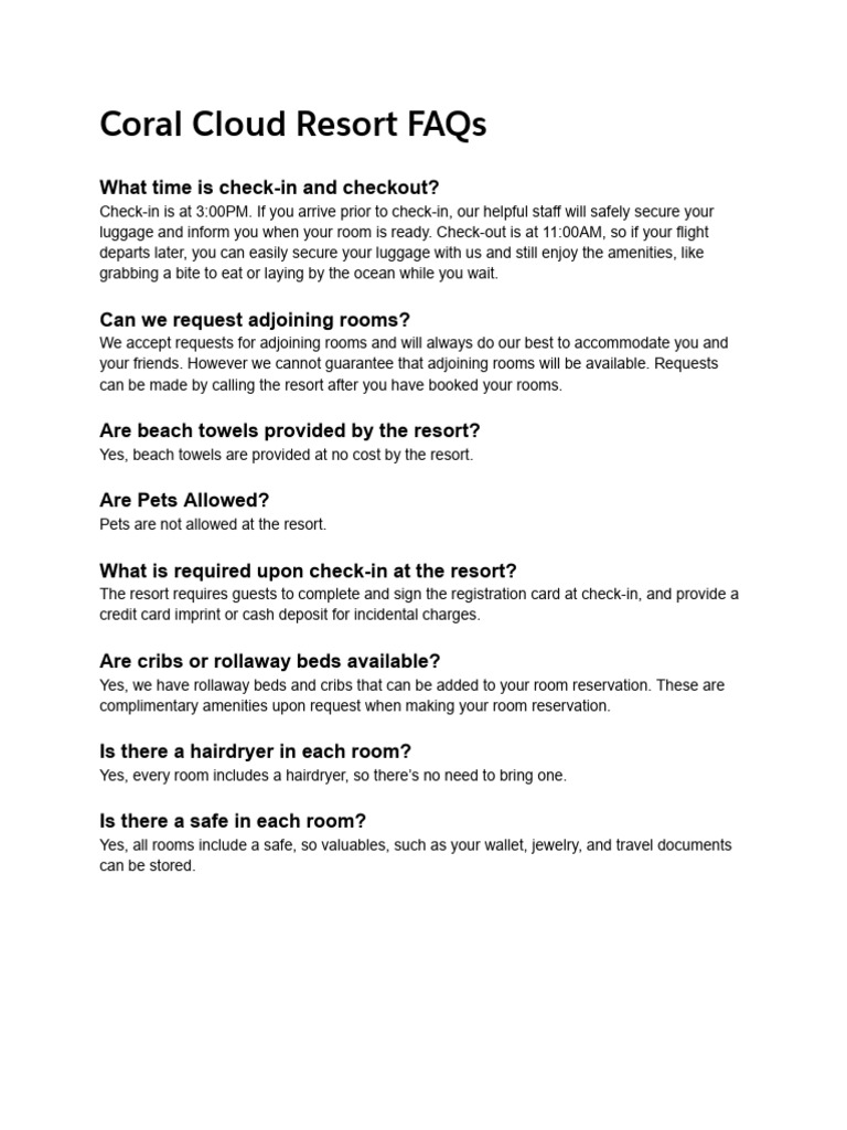 Coral Cloud Resort Guest FAQs | PDF