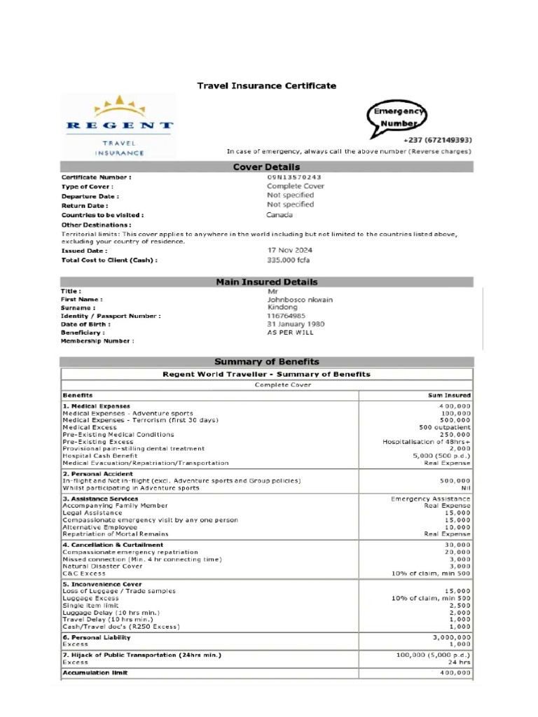 Travel Insurance 074848 | PDF