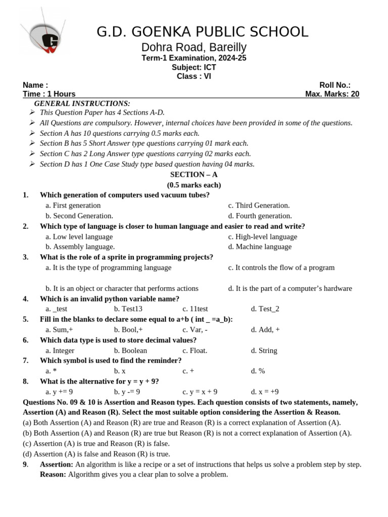 Class 6 ICT Term-1 Exam Paper 2024-25 | PDF | Data Type | Boolean Data Type