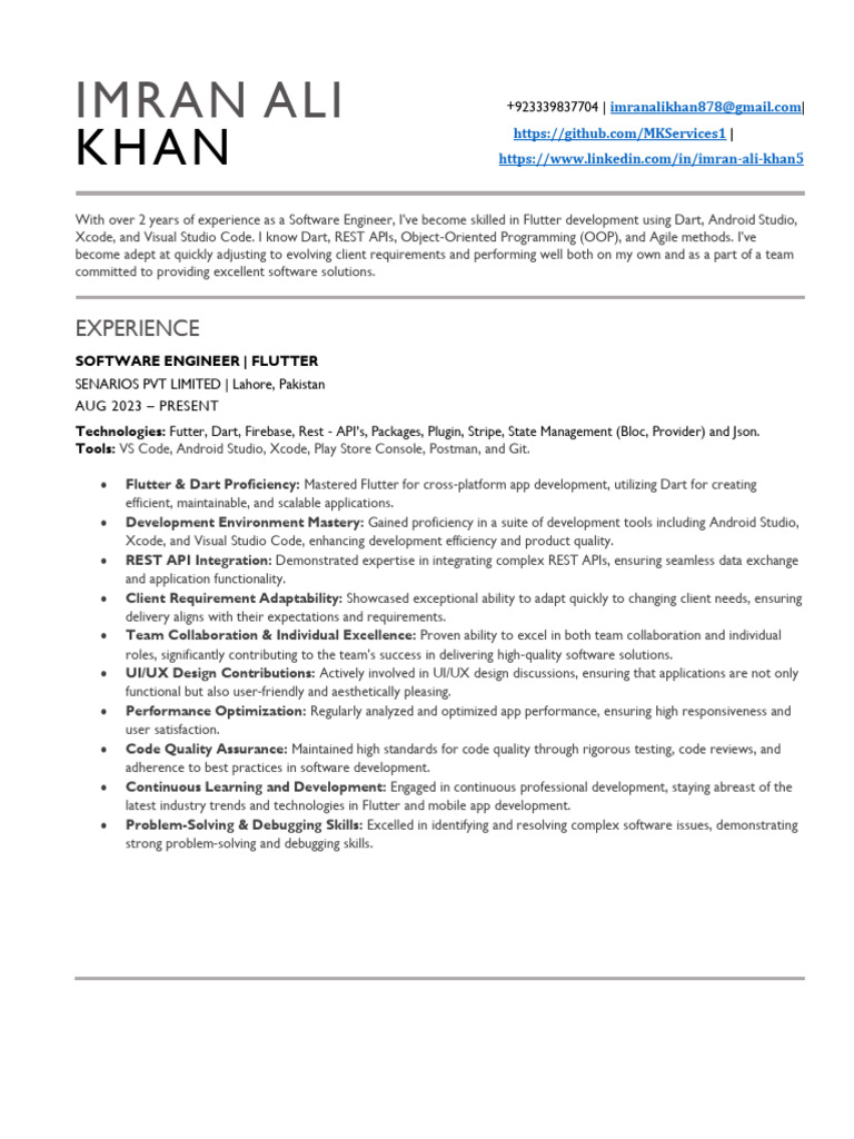 Imran Ali Khan: Flutter Software Engineer | PDF | Systems Architecture ...