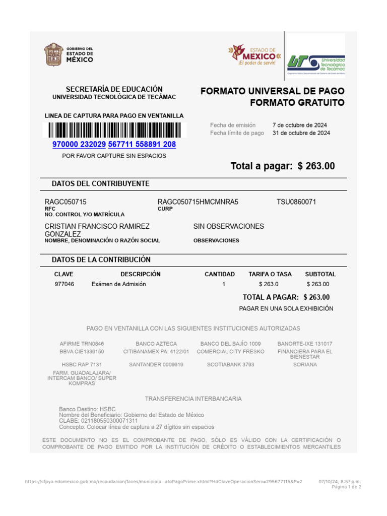 Pago de Examen de Admisión UTT | PDF | Bancos | Finanzas personales