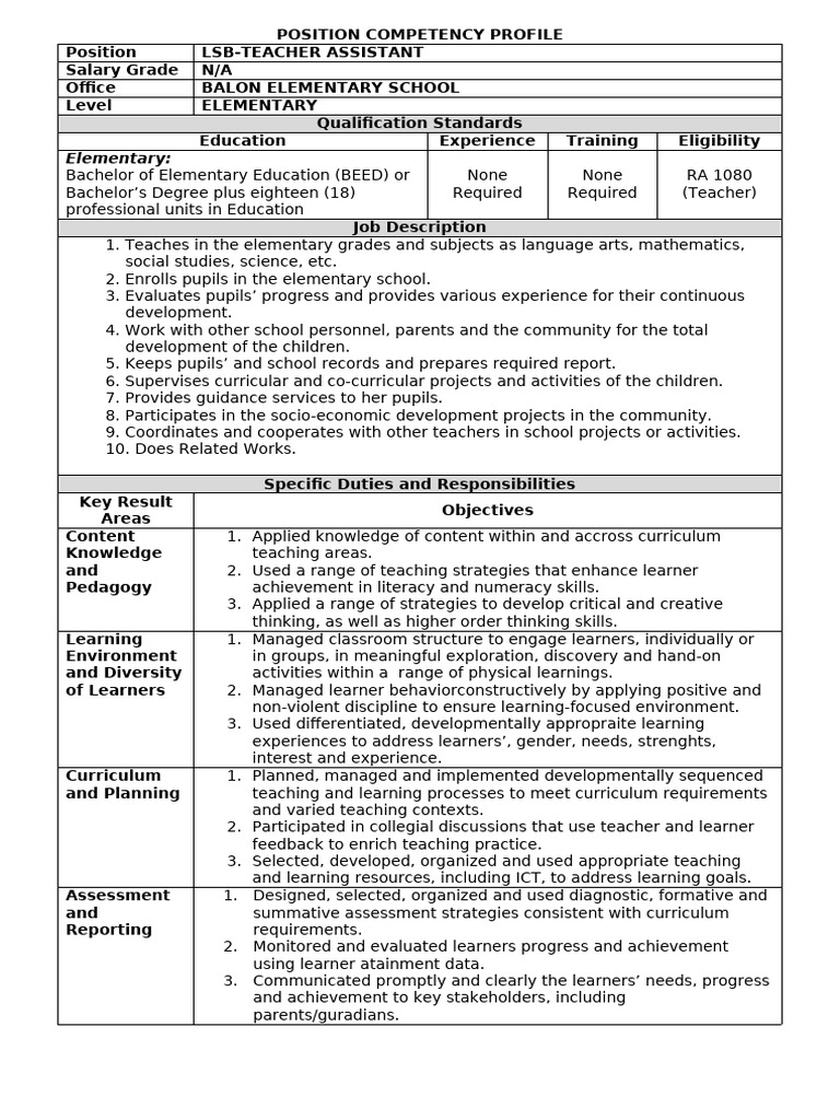LSB Teacher Position Competency Profile | PDF | Curriculum | Teachers