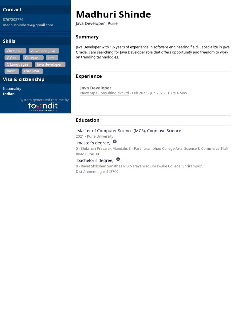Java Developer Resume Pune | PDF