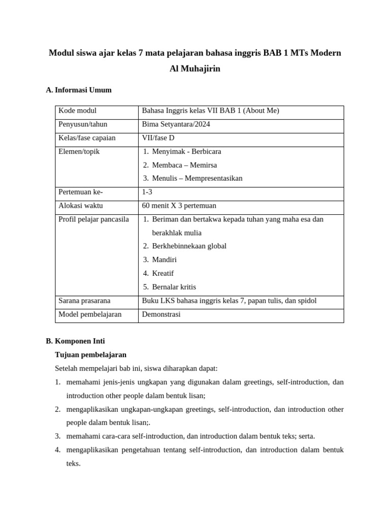 Modul Bahasa Inggris Kelas 7: Greetings & Introductions | PDF
