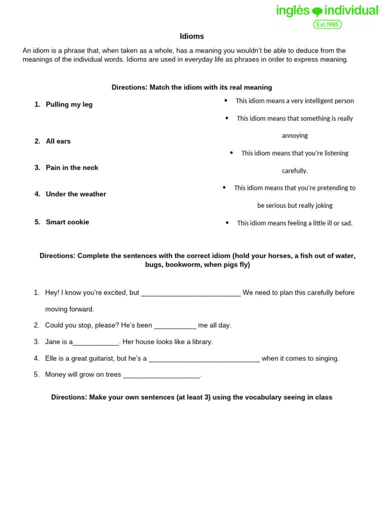 Idioms for Class 3 Learning | PDF | Language Arts & Discipline ...