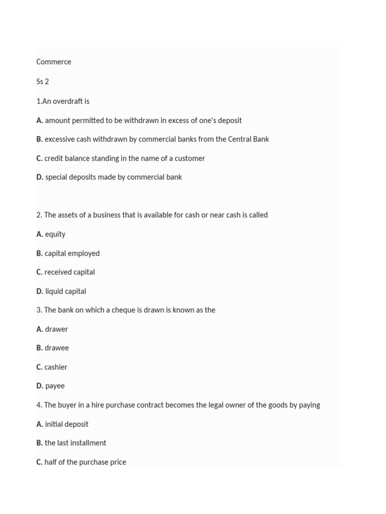 SS2 Commerce Exams 2nd Term 2022 | PDF | Banks | Cheque