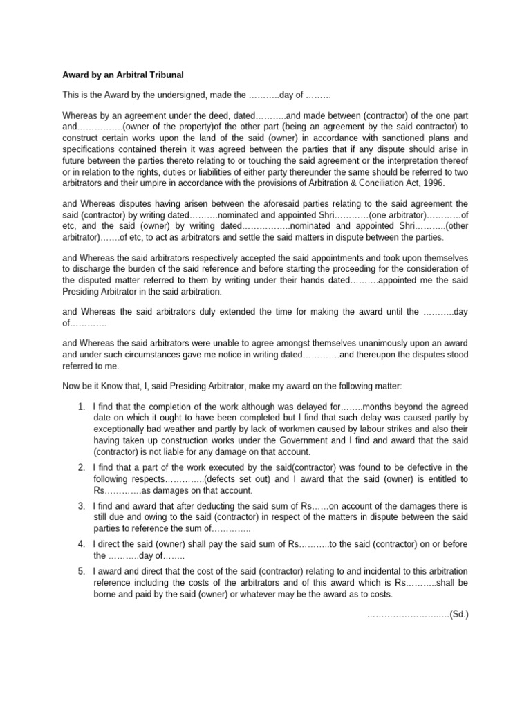 Construction Arbitration Award Example | PDF | Arbitral Tribunal ...