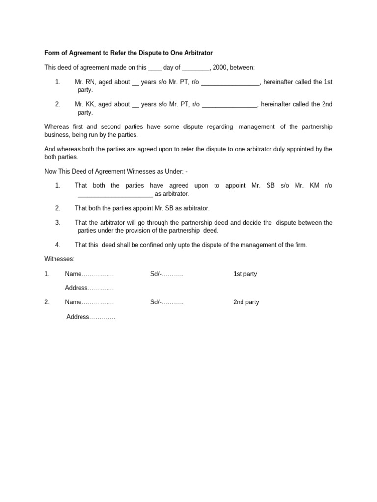 Form of Agreement To Refer The Dispute To One Arbitrator | PDF | Law