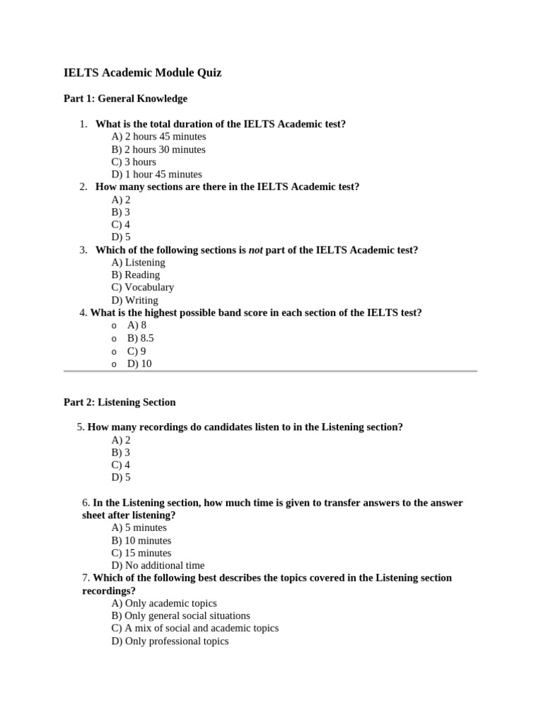IELTS Academic Test Quiz Questions | PDF | International English ...