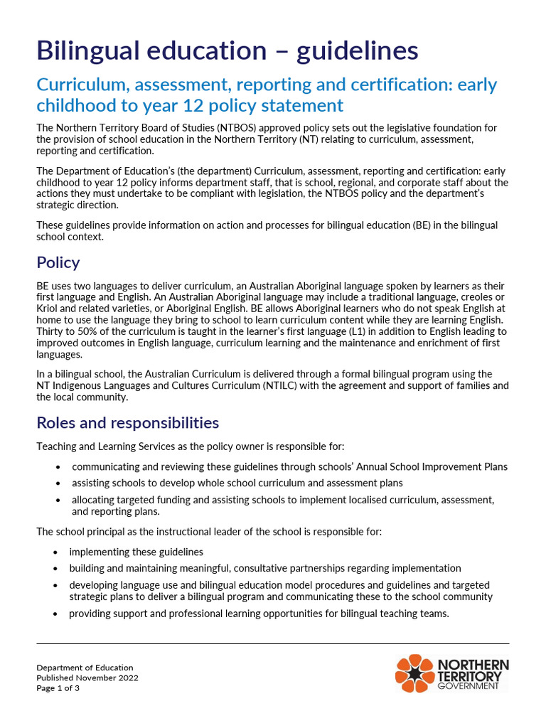 Bilingual Education Guidelines for NT Schools | PDF | Teachers ...