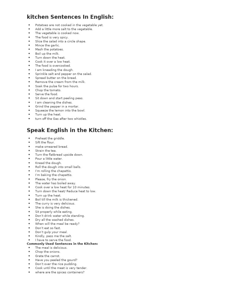 Essential Kitchen Sentences in English | PDF