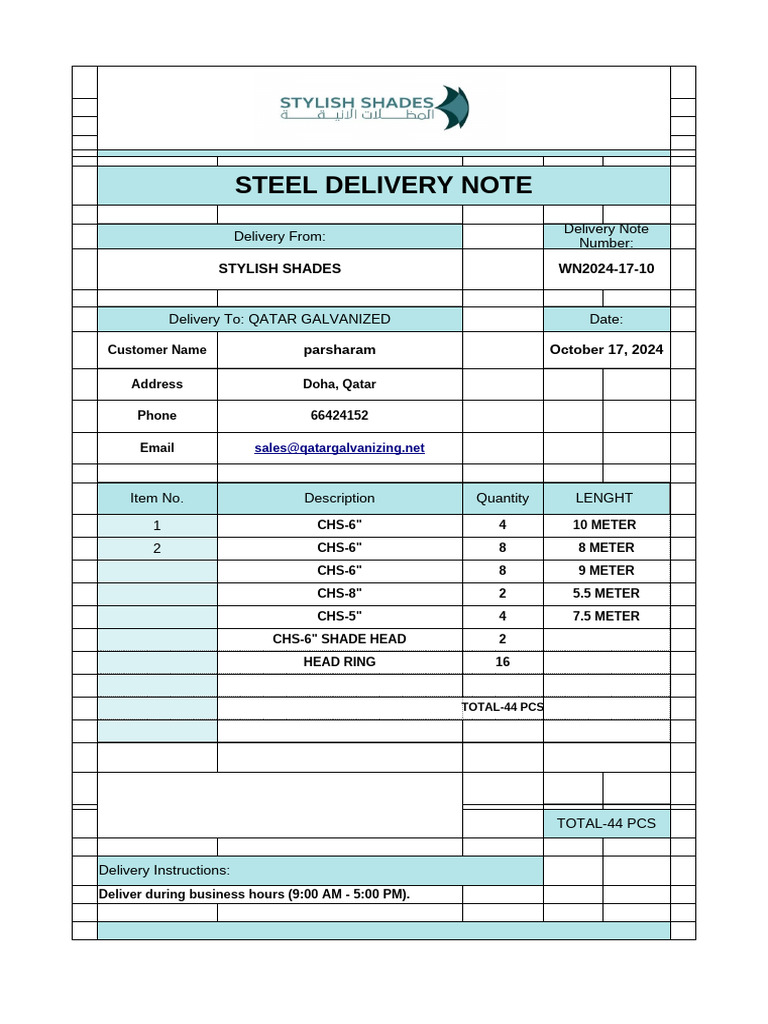 Steel Delivery Note for Qatar Galvanized | PDF
