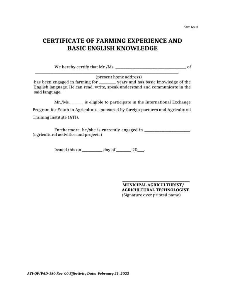 Certificate of Farming Experience and Basic English Knowledge | PDF