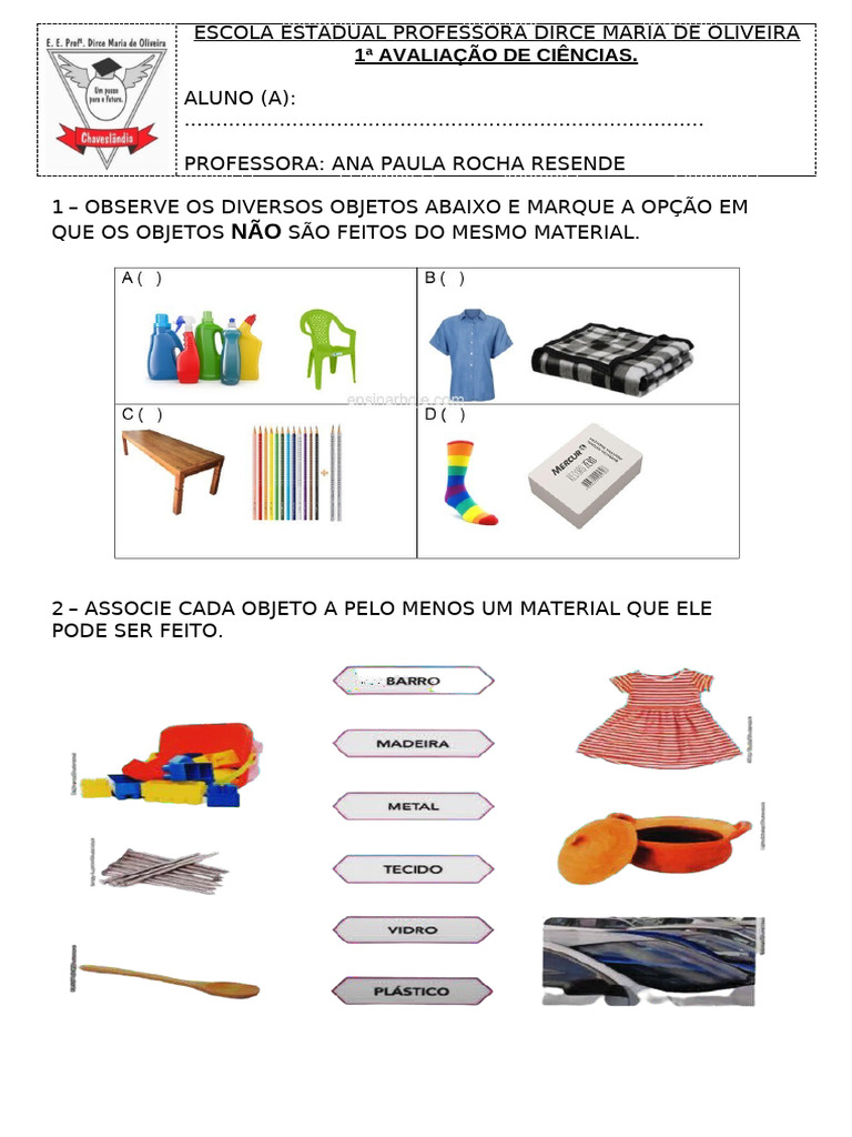 Atividades sobre Objetos e Materiais 1º Ano | PDF