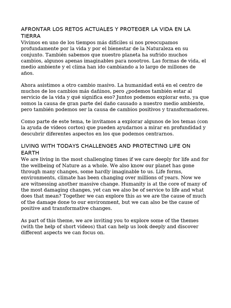 AFRONTAR LOS RETOS ACTUALES Y PROTEGER LA VIDA EN LA TIERRA 1 Por Hno 