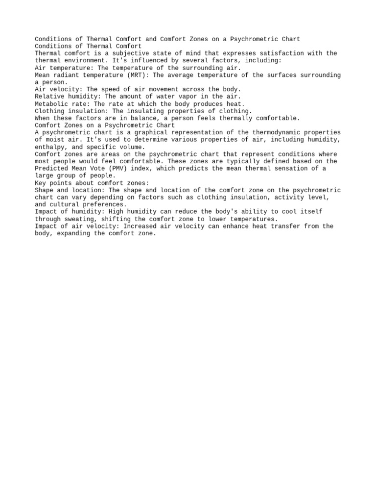 Describe Conditions of Thermal Comfort & The Comfort Zones in