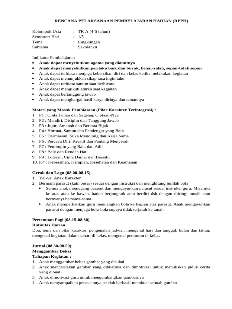 RPPH TK A: Tema Lingkungan Sekolahku | PDF