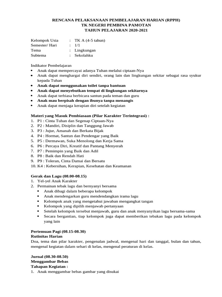 RPPH TK A Tema Lingkungan 2020 | PDF