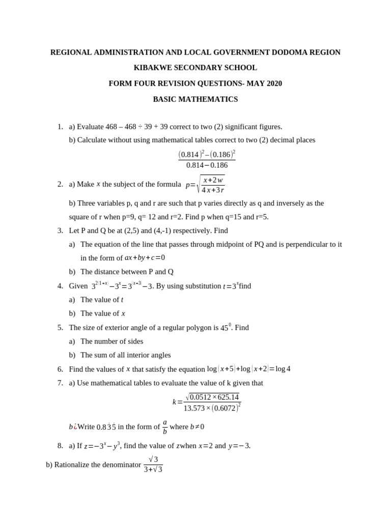 Form Four Basic Mathematics Revision 2020 | PDF | Numbers | Equations