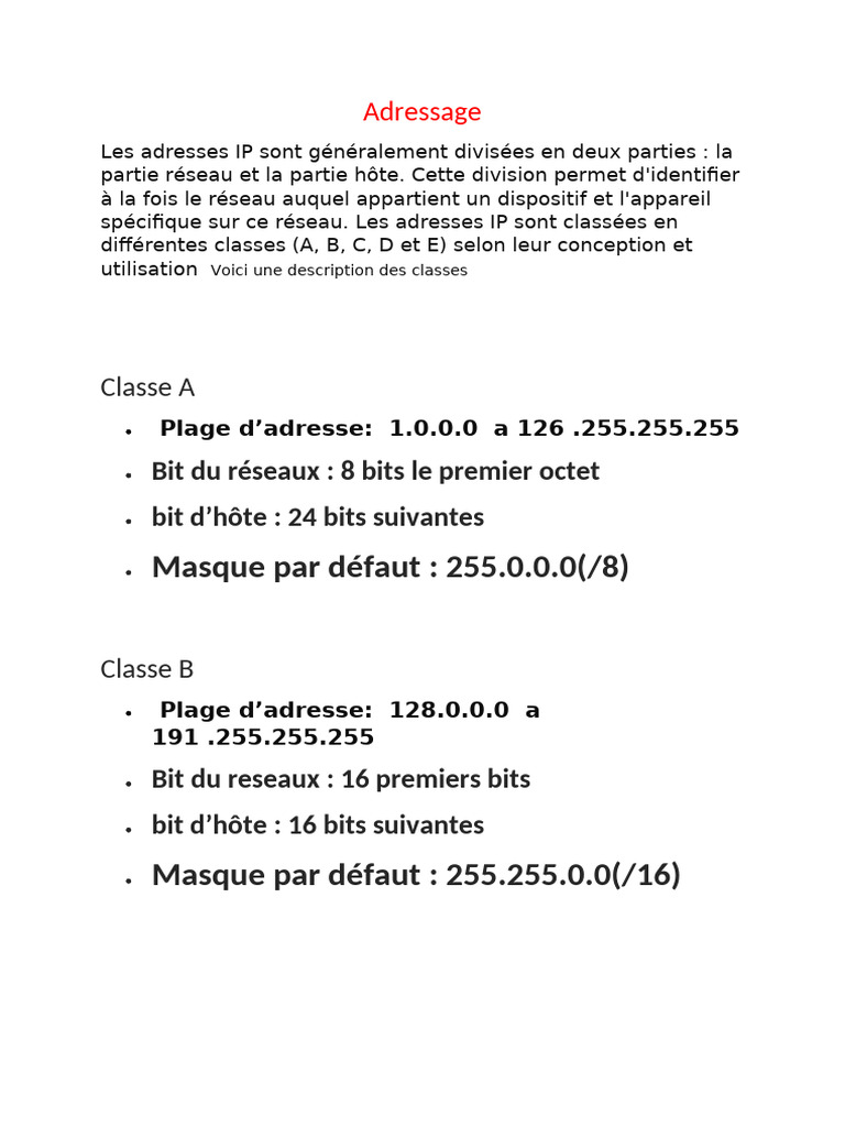 Classes d'adresses IP et APIPA | PDF | Adresse IP | Système de noms de ...