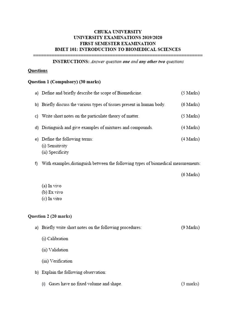 Bmet 101 2019 Dec Exam | PDF | Science & Mathematics