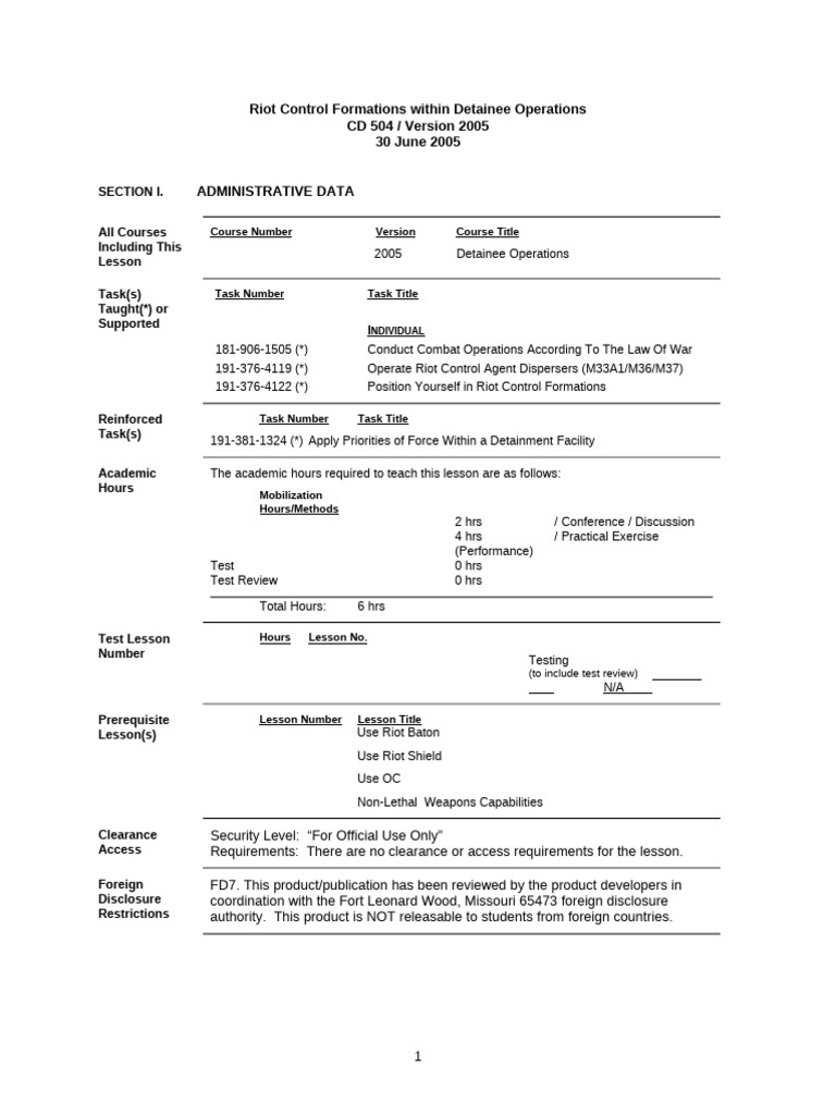 US DoD Riot Control Formations in Det Opns 2005 06 30 | PDF