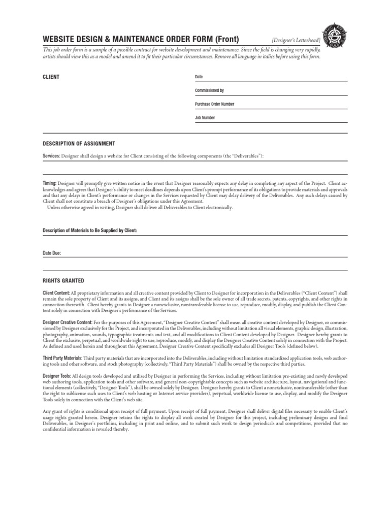 PEGs16 Website Design Maintenance Order Form | PDF | Indemnity | Trade ...