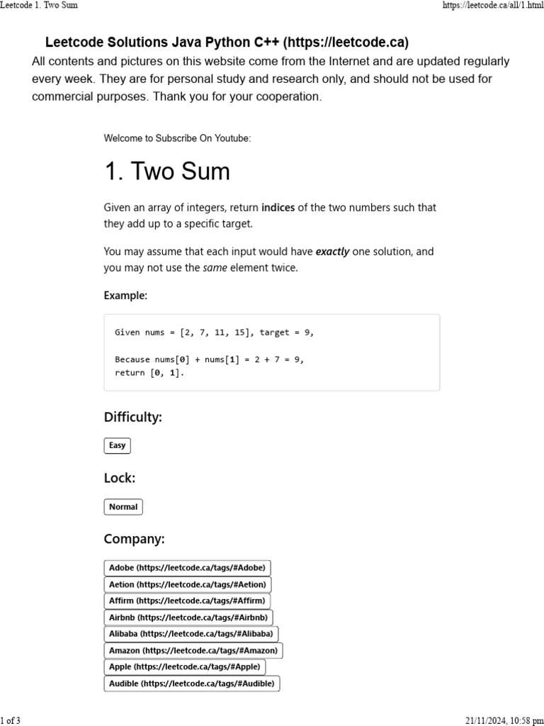 Leetcode Two Sum Solution Guide | PDF | Companies | Companies Of The ...