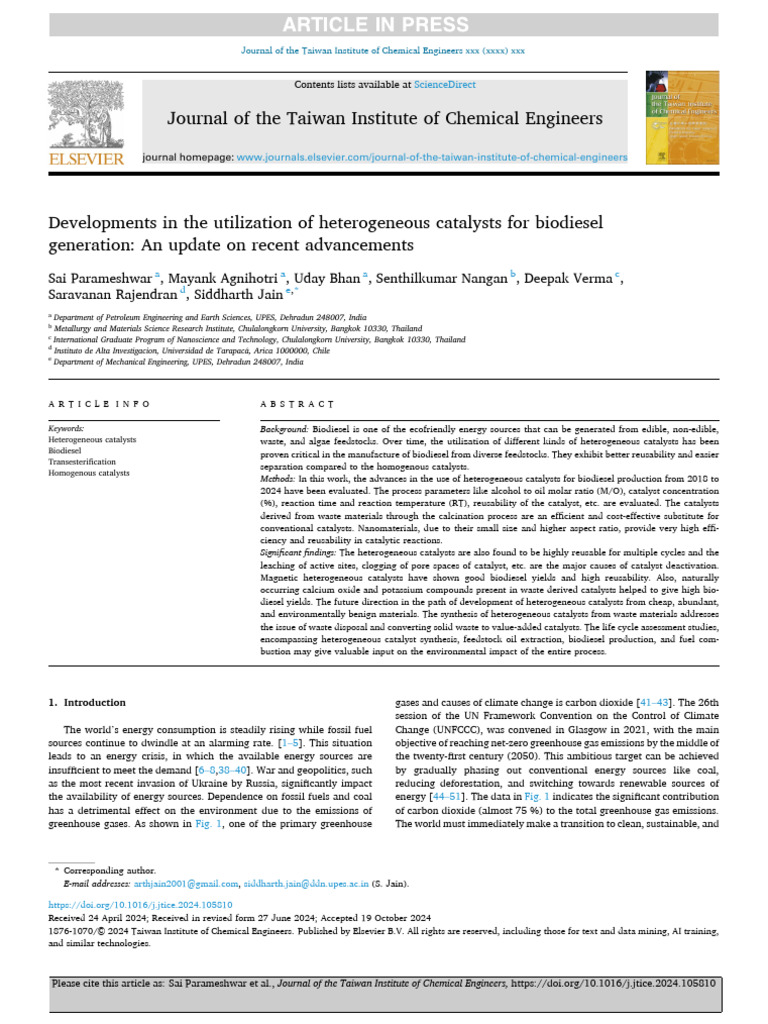 Heterogeneous Catalysts in Biodiesel Production | PDF | Catalysis ...