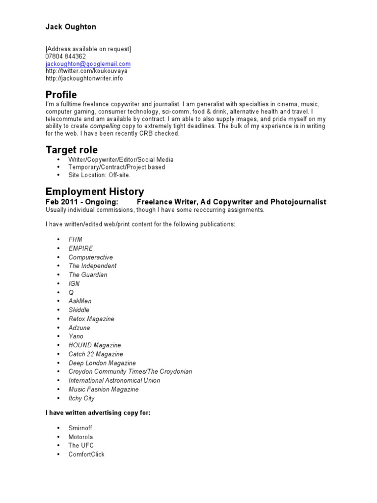Freelance Writer & Copywriter Profile | PDF