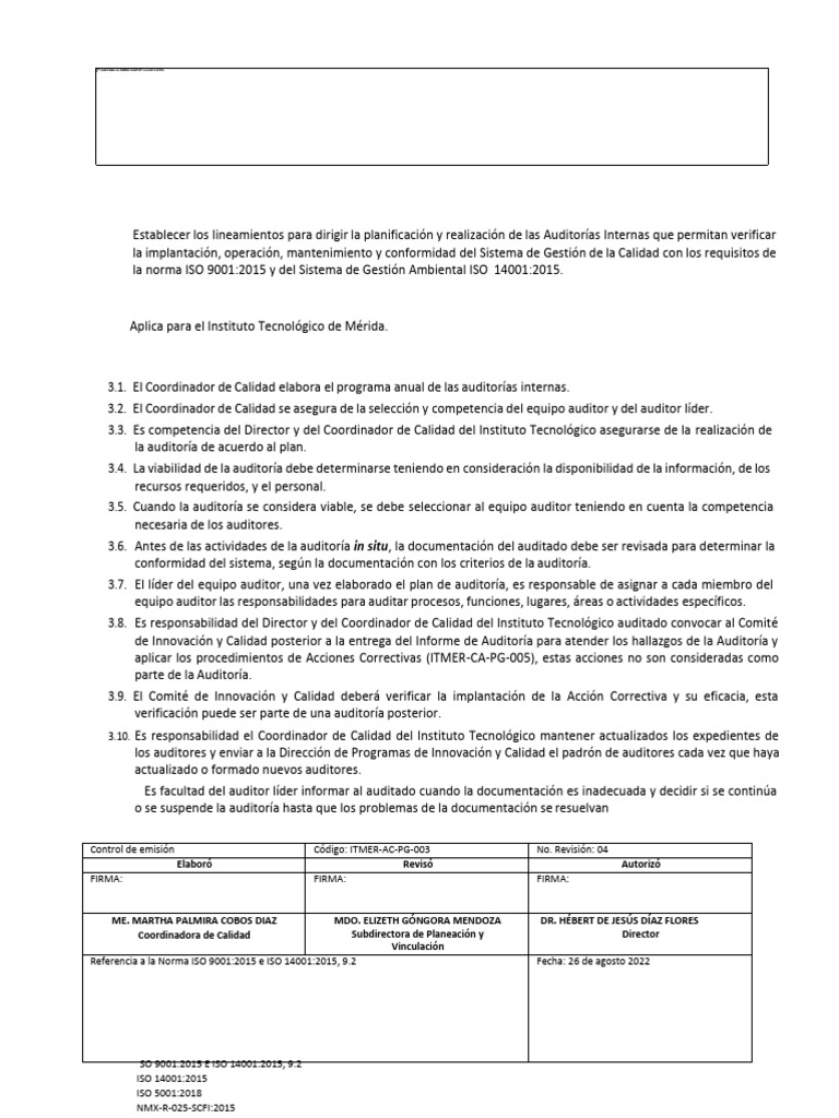 Procedimiento de Auditoría Interna ISO 9001 y 14001 | PDF | Auditoría ...