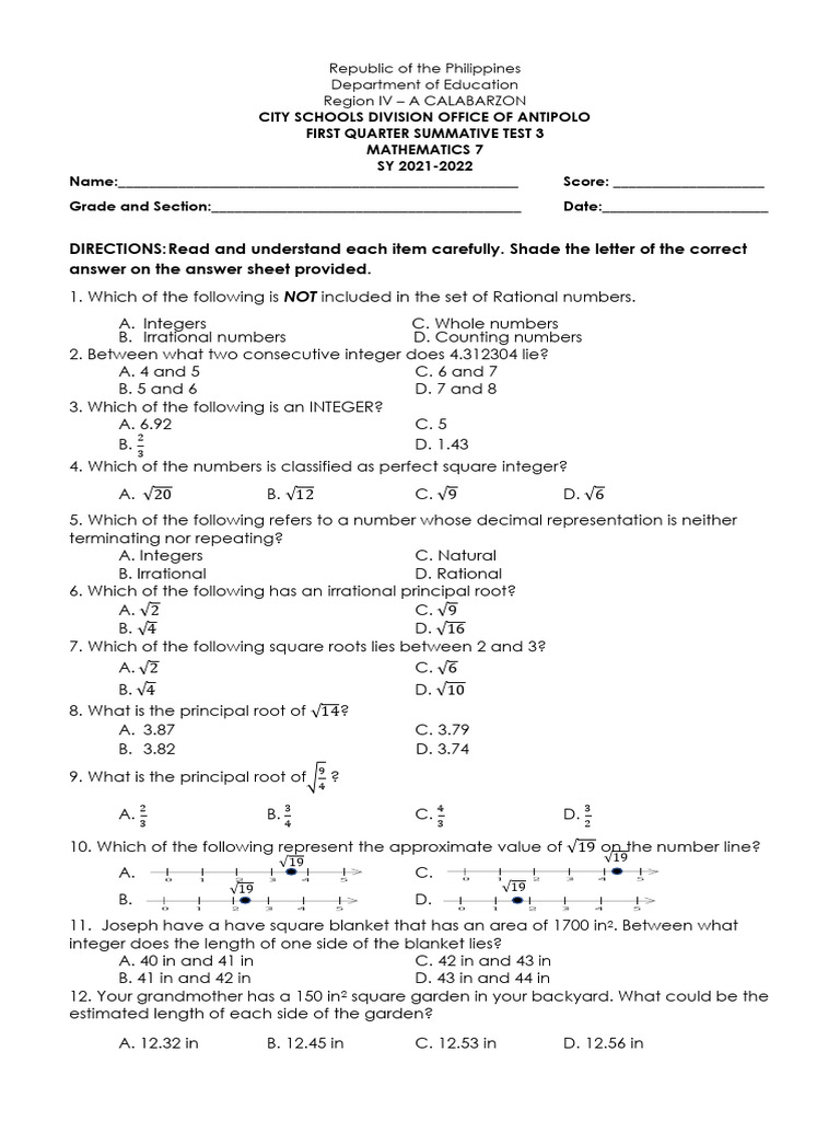 Q1 Summative Test Iii Pdf Numbers Rational Number