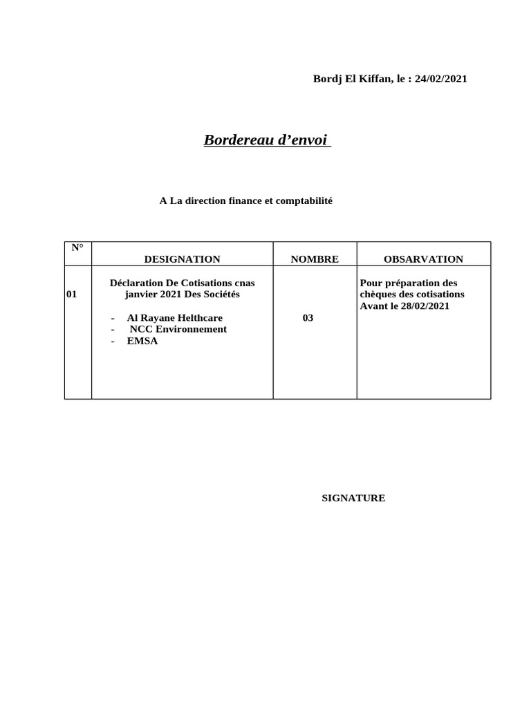 Bordereau CNAS - Cotisations Janv 2021 | PDF