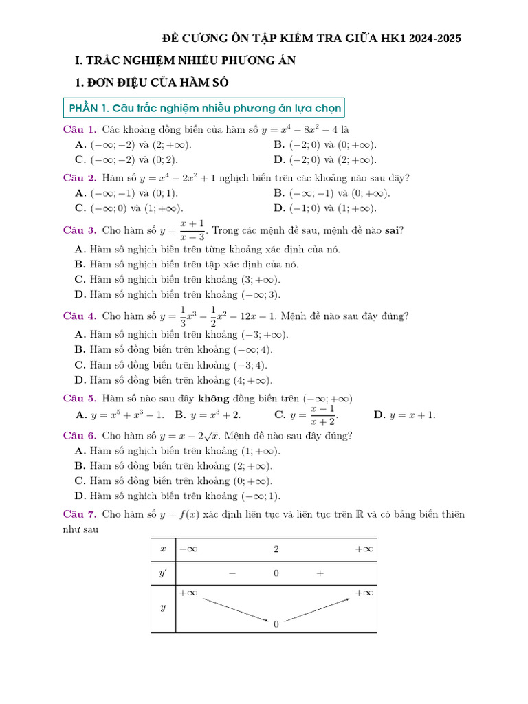 2425 - Toan 12 - de Cuong On Tap KTGK 1 | PDF