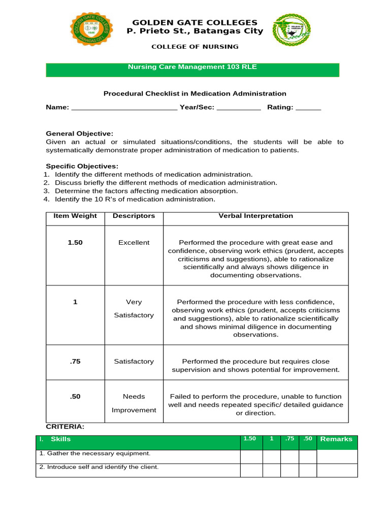 Medication Administration Checklist | PDF | Injection (Medicine ...