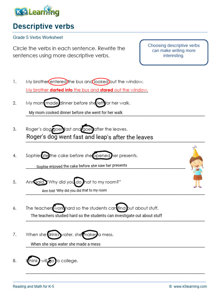 Descriptive Verbs Worksheet for Grade 5 | PDF | Language Arts ...
