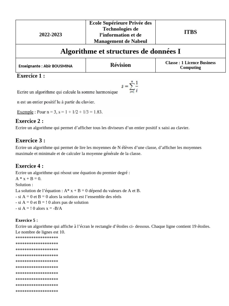 Algorithmes et exercices de programmation | PDF