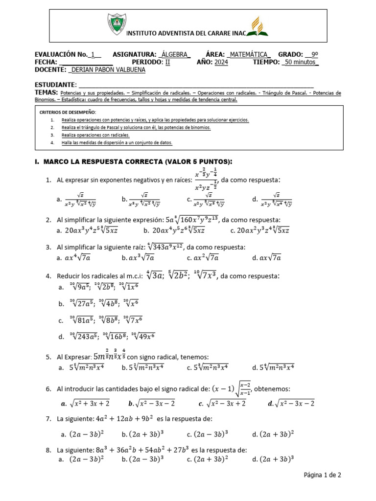 Evaluación de Álgebra para 9º Grado | PDF | Matemáticas | Matemática ...
