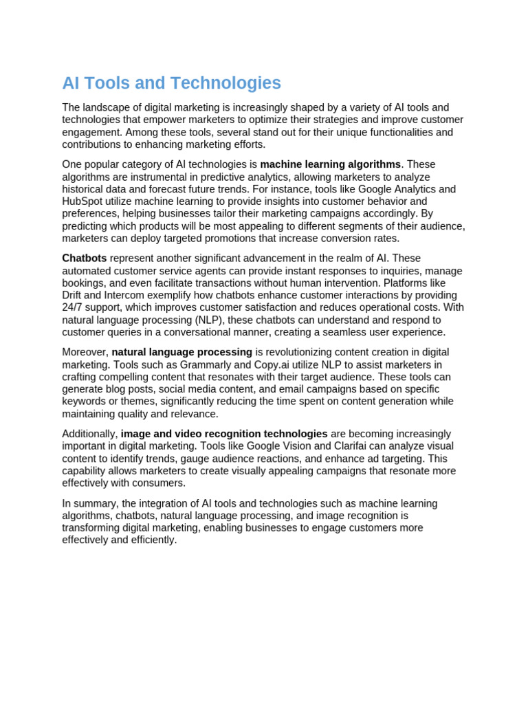 Ai Tools And Technologies Pdf Digital Marketing Artificial