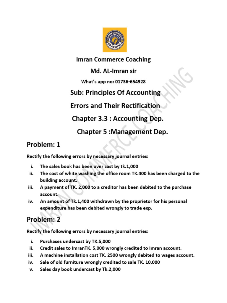 Chapter 3.3 Error and Their Rectification | PDF | Debits And Credits ...
